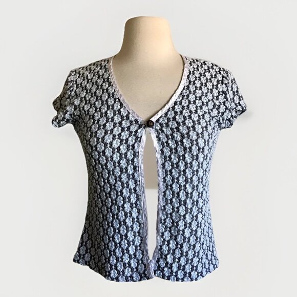 Vintage 90s Blue And White Short Sleeve Open Front Knit Top Size Small - Picture 1 of 7